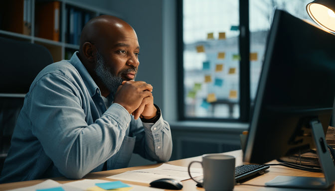 A man with a beard sits at a desk in an office, looking thoughtfully at a computer monitor. He rests his chin on his hands. The desk holds papers, sticky notes, and a mug. There is a window and a wall covered with colorful sticky notes in the background. A man with a beard sits at a desk in an office, looking thoughtfully at a computer monitor. He rests his chin on his hands. The desk holds papers, sticky notes, and a mug. There is a window and a wall covered with colorful sticky notes in the background.