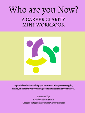 A pastel purple and yellow book cover titled "Who are you Now? A Career Clarity Mini-Workbook." Below is abstract art of three colorful figures in a circle. Text describes the workbook as a guided reflection for career strengths and values by Brenda Goburn Smith.
